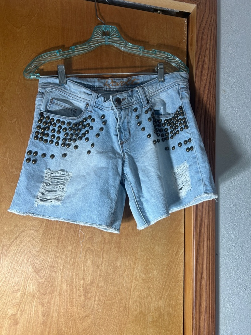 Revolt Jeans Light Blue Studded Distressed Denim Shorts